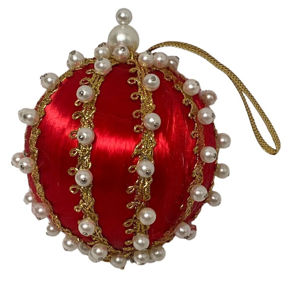 Vintage Christmas Ornament Red Satin Ornate Beaded 2.5"